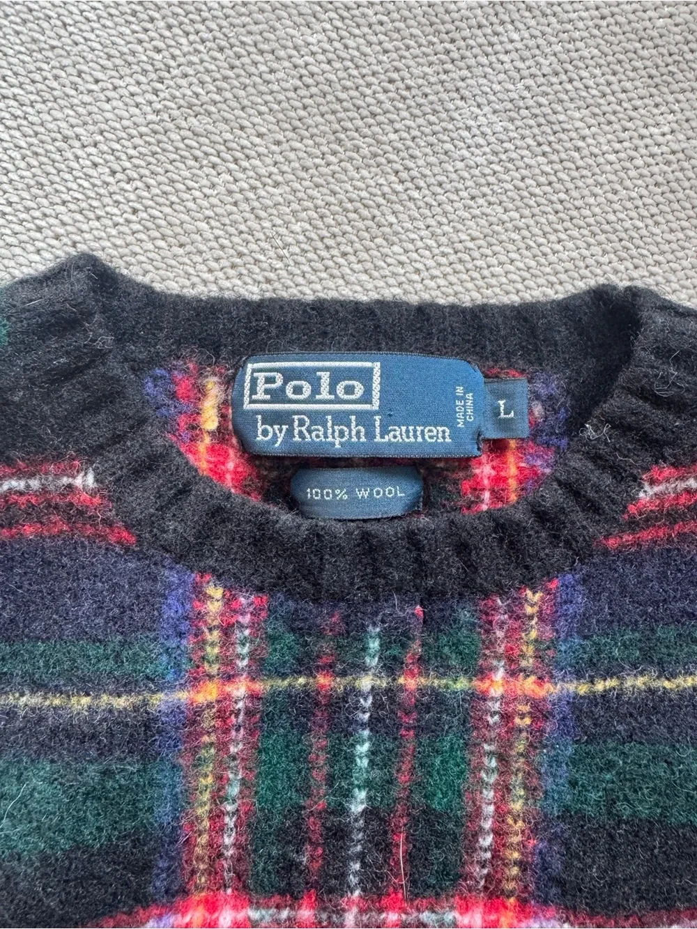Ralph Lauren Black Crewneck Sweater with Green & Red Plaid
